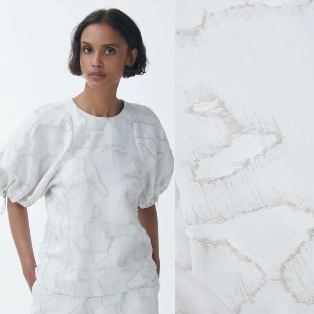 COS Puff Sleeve White Abstract Textured Bungee Tie Sleeves Cotton-Linen Top - 8